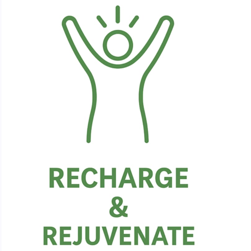 Green outline of a person with arms raised, radiating energy, above "RECHARGE & REJUVENATE" text.