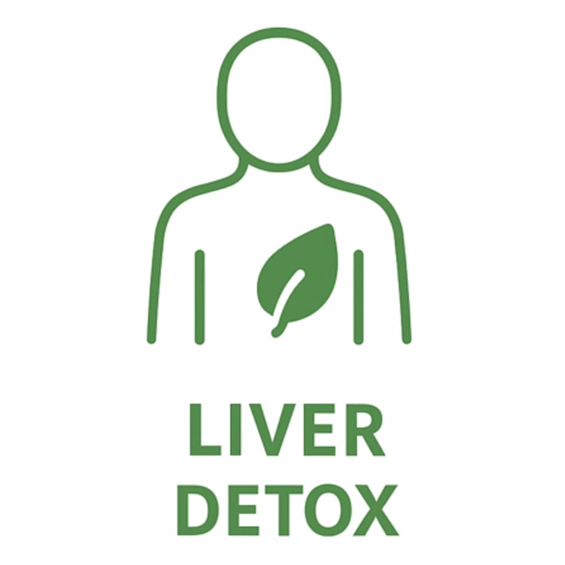 Green outline of a person with a leaf on their chest, and the words "LIVER DETOX" below.